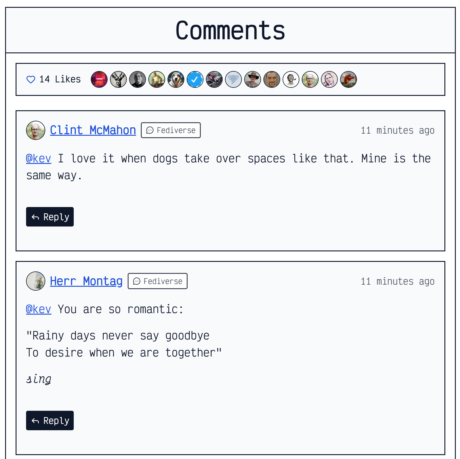 Example comments section that includes both likes and Fediverse comments.
